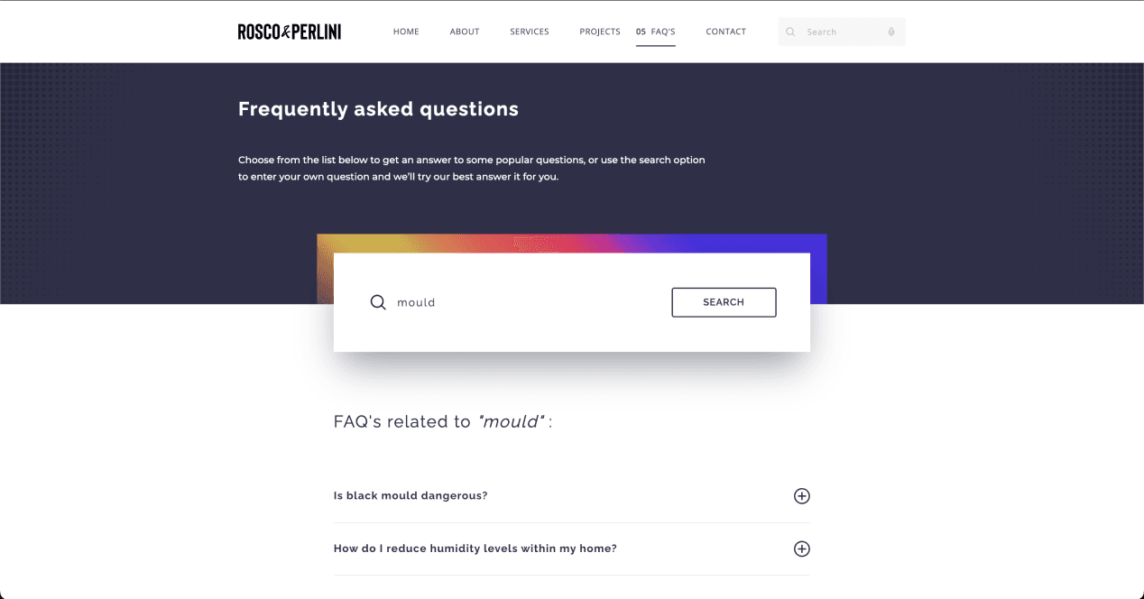 Screenshot of FAQ section with search filter functionality